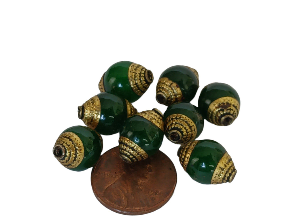 4 Beads - Tibetan Brass capped dyed green jade beads from Nepal 9 - 10 mm x 13- 14mm - BD473C