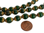 4 Beads - Tibetan Brass capped dyed green jade beads from Nepal 9 - 10 mm x 13- 14mm - BD473C
