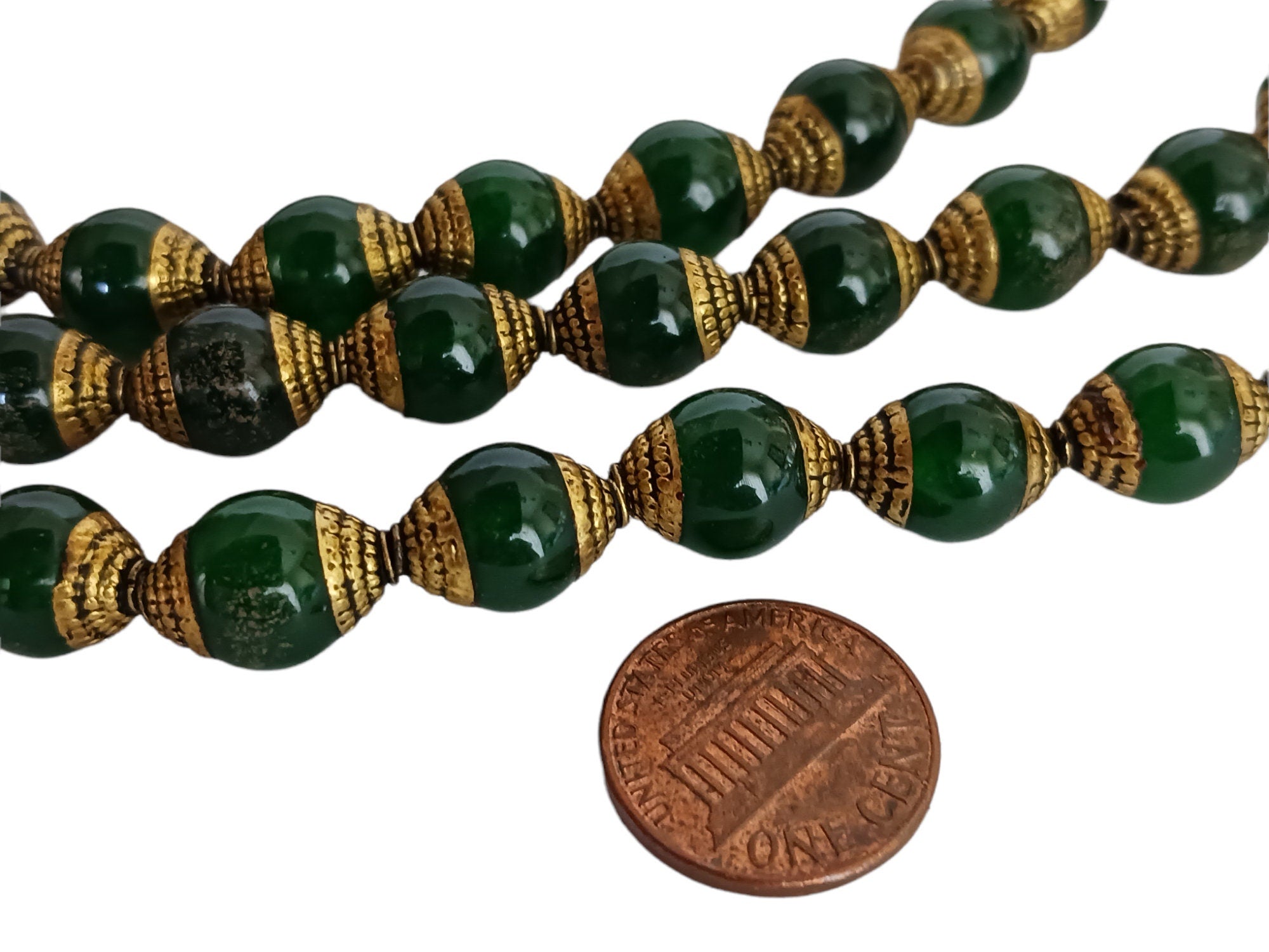 4 Beads - Tibetan Brass capped dyed green jade beads from Nepal 9 - 10 mm x 13- 14mm - BD473C