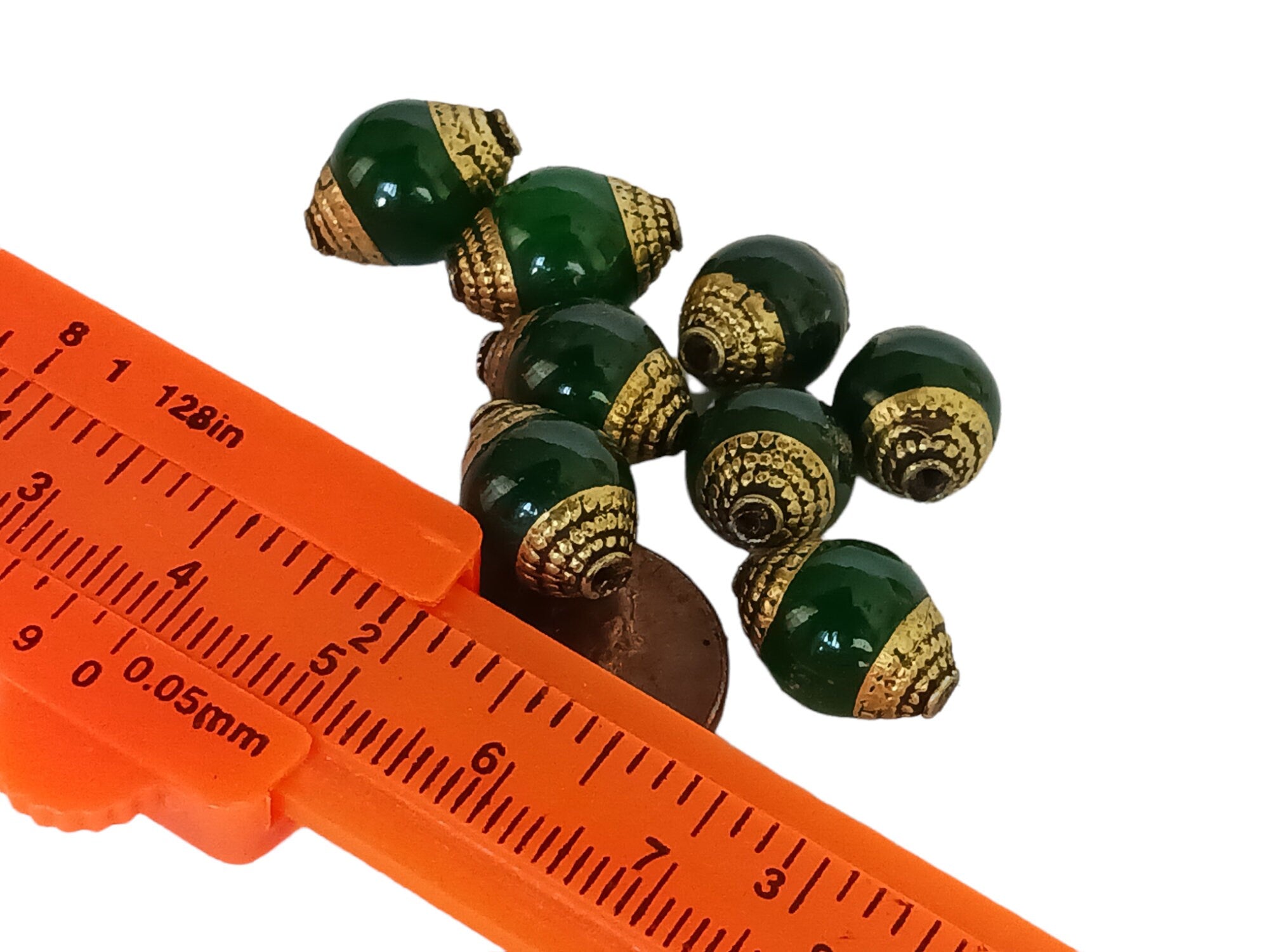 4 Beads - Tibetan Brass capped dyed green jade beads from Nepal 9 - 10 mm x 13- 14mm - BD473C