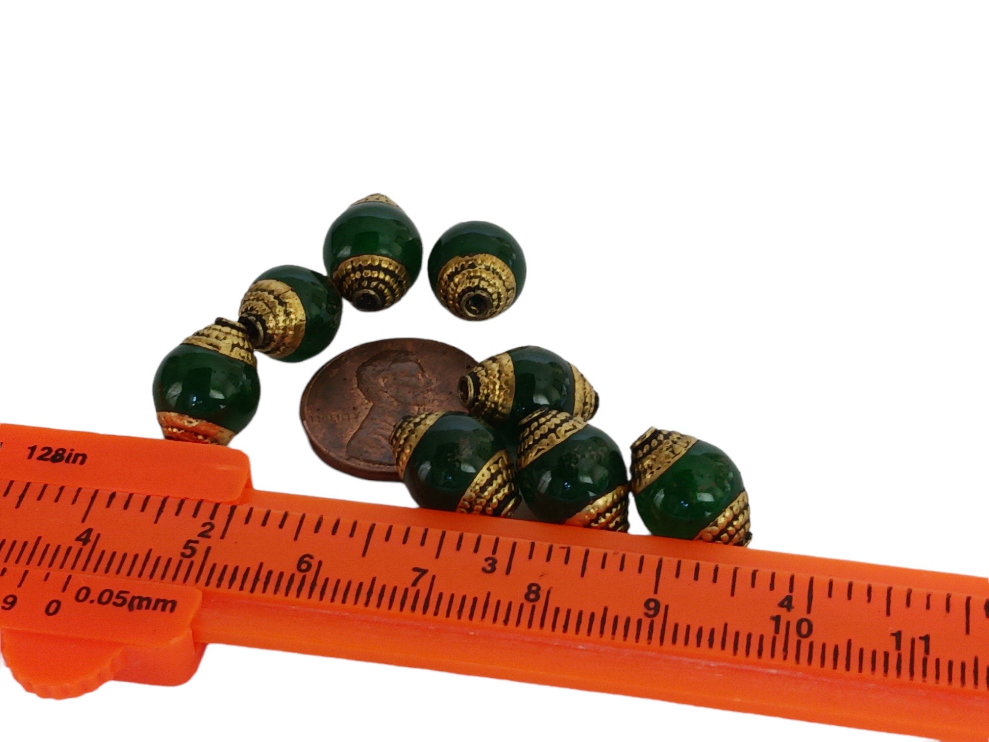 4 Beads - Tibetan Brass capped dyed green jade beads from Nepal 9 - 10 mm x 13- 14mm - BD473C