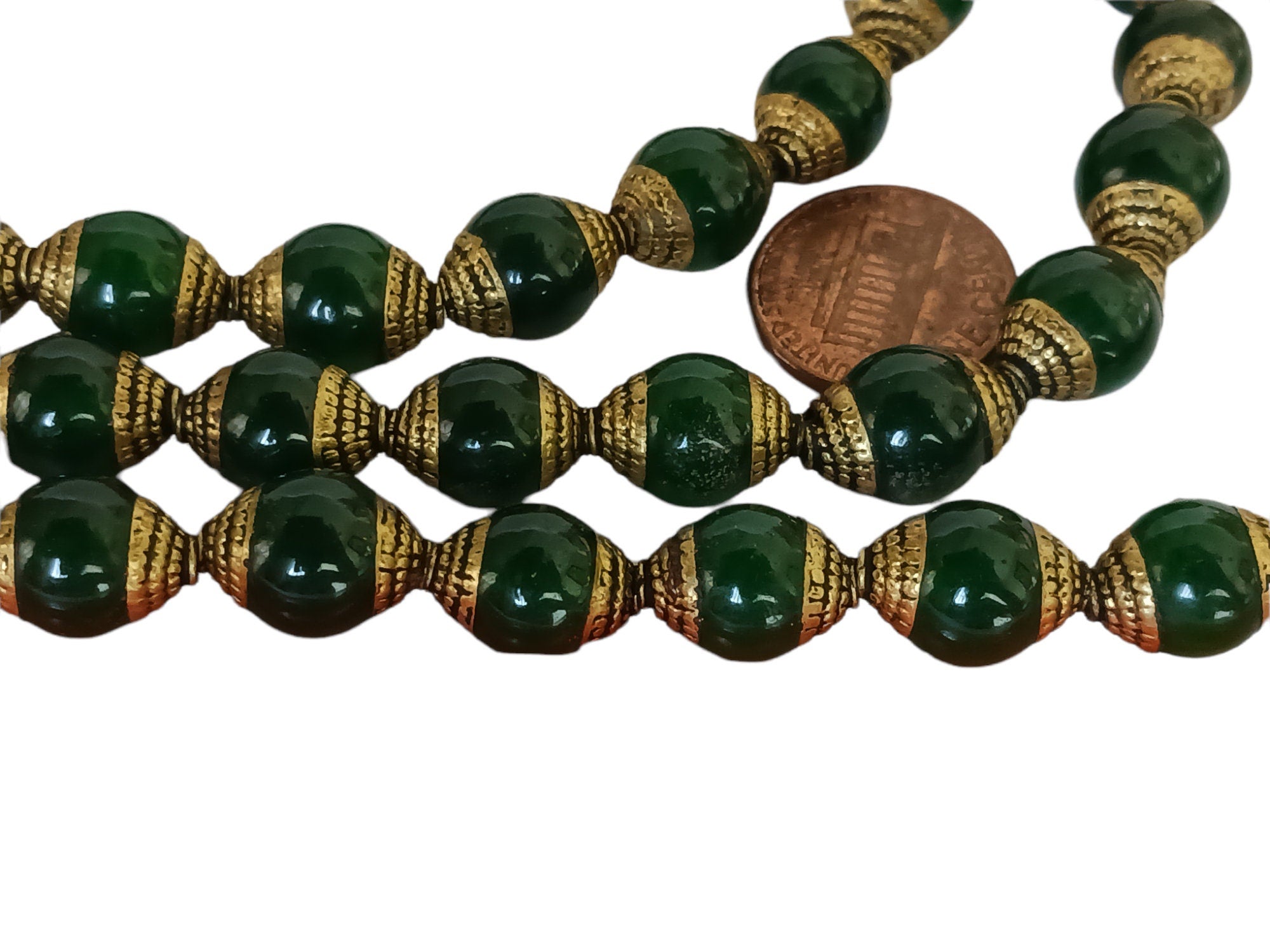 4 Beads - Tibetan Brass capped dyed green jade beads from Nepal 9 - 10 mm x 13- 14mm - BD473C