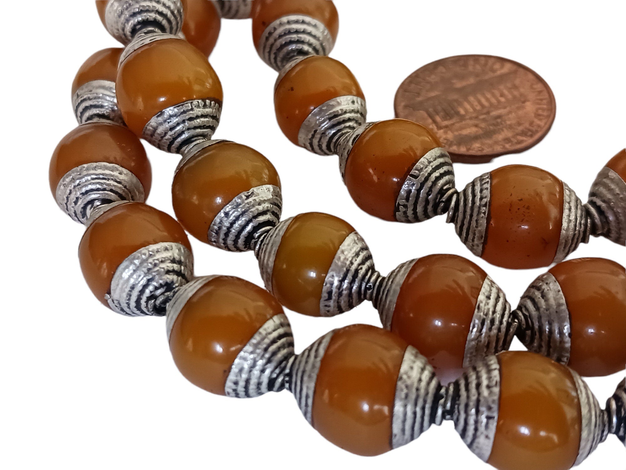 4 BEADS - Tibetan copal resin antiqued silver finish capped beads Nepal - BD715C