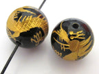 2 BEADS - Black onyx gemstone beads with gold Dragon painting - 12mm - GM066