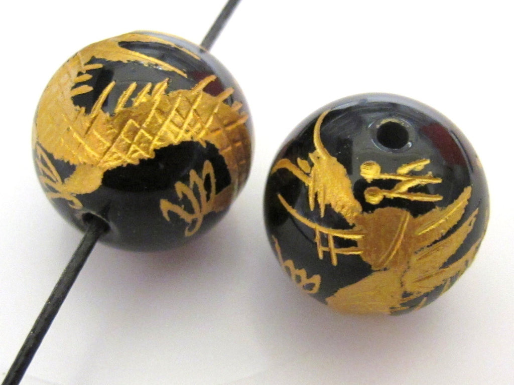 2 BEADS - Black onyx gemstone beads with gold Dragon painting - 12mm - GM066A