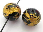 2 BEADS - Black onyx gemstone beads with gold Dragon painting - 12mm - GM066A
