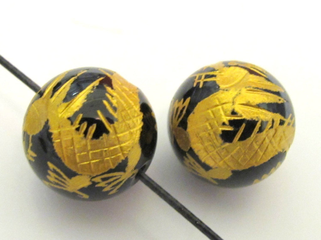 2 BEADS - Black onyx gemstone beads with gold Dragon painting - 12mm - GM066