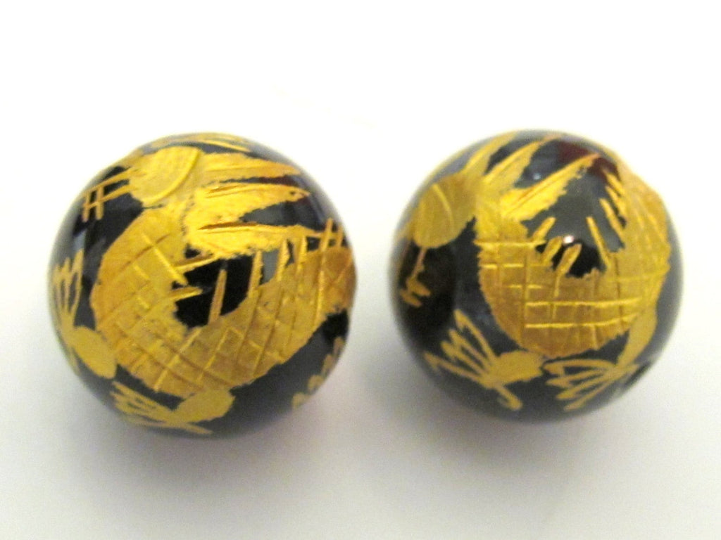 2 BEADS - Black onyx gemstone beads with gold Dragon painting - 12mm - GM066