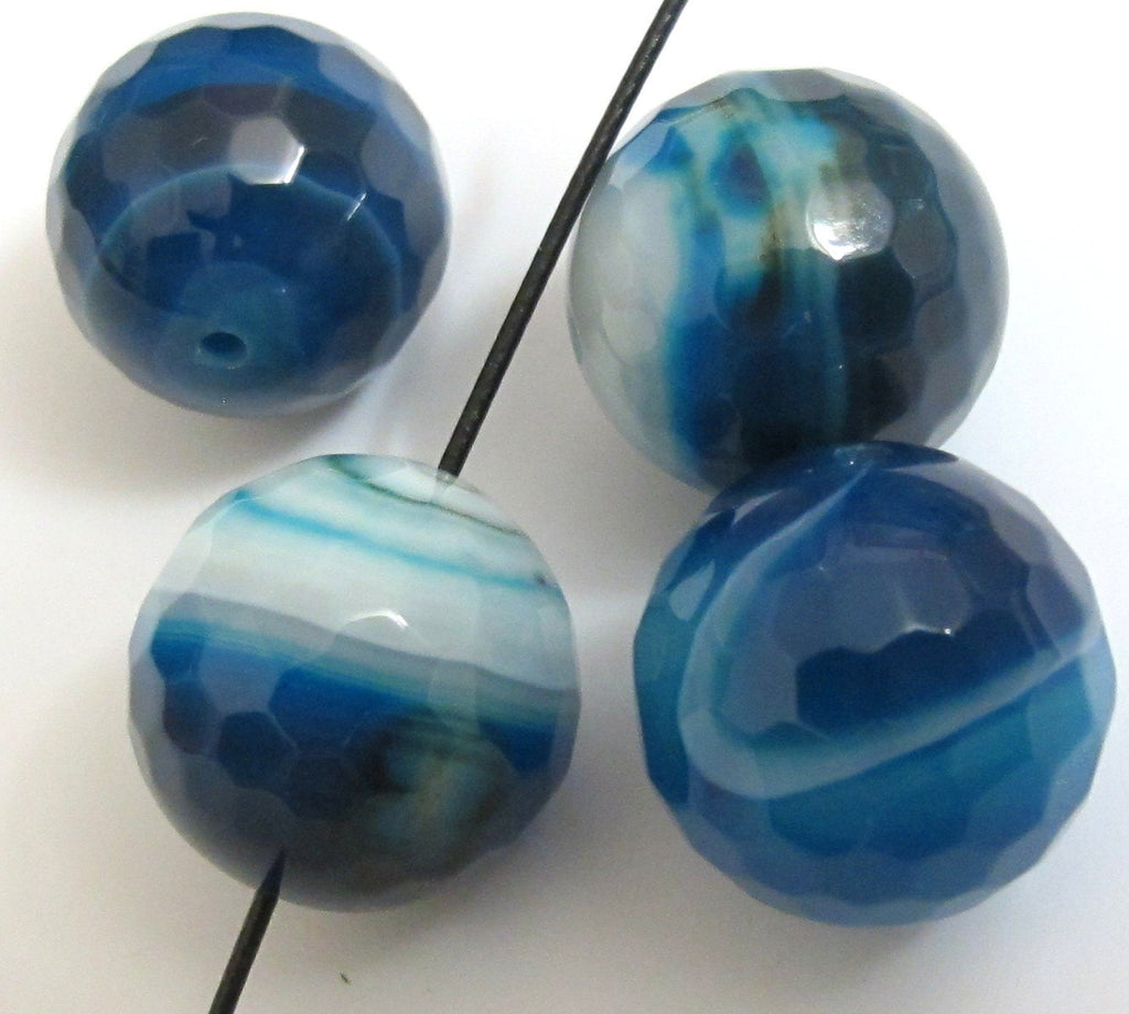 2 BEADS-Large 20 mm wide Blue white grey striped agate hex cut faceted bead - GM059