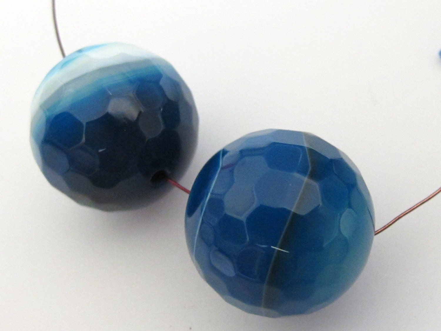 2 BEADS-Large 20 mm wide Blue white grey striped agate hex cut faceted bead - GM059