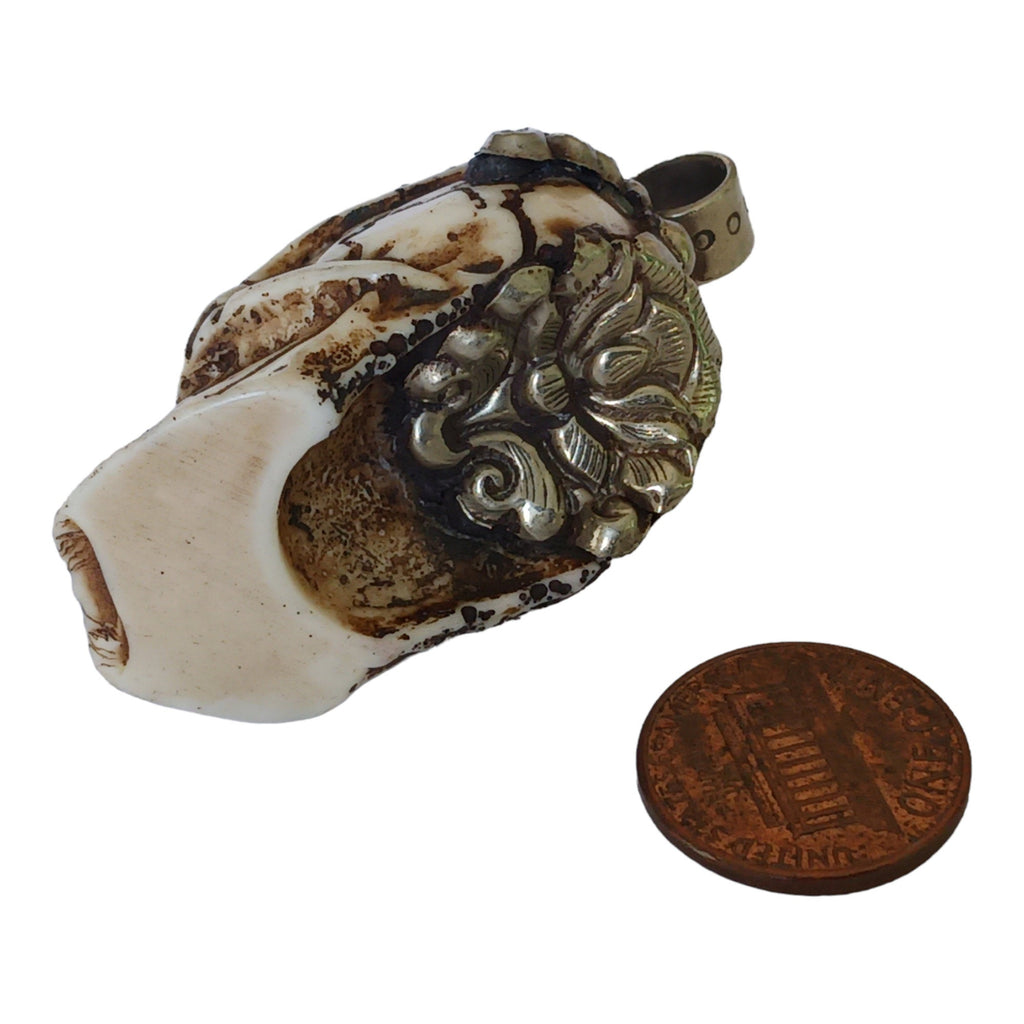 OOAK 1 Pendant - Gorgeous tribal skull skeleton head face recycled cattle bone pendant with floral carving on bail - PB006R