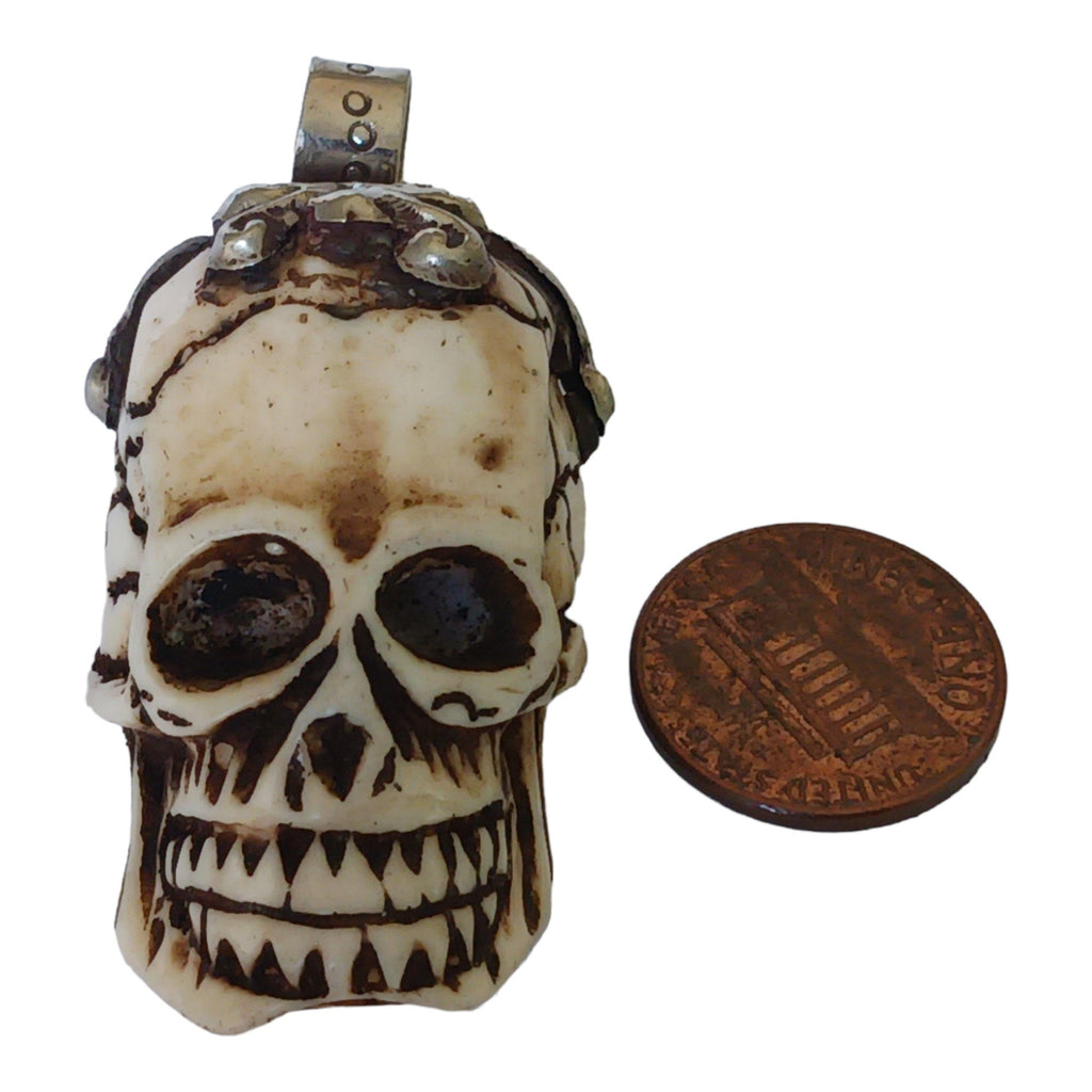OOAK 1 Pendant - Gorgeous tribal skull skeleton head face recycled cattle bone pendant with floral carving on bail - PB006R