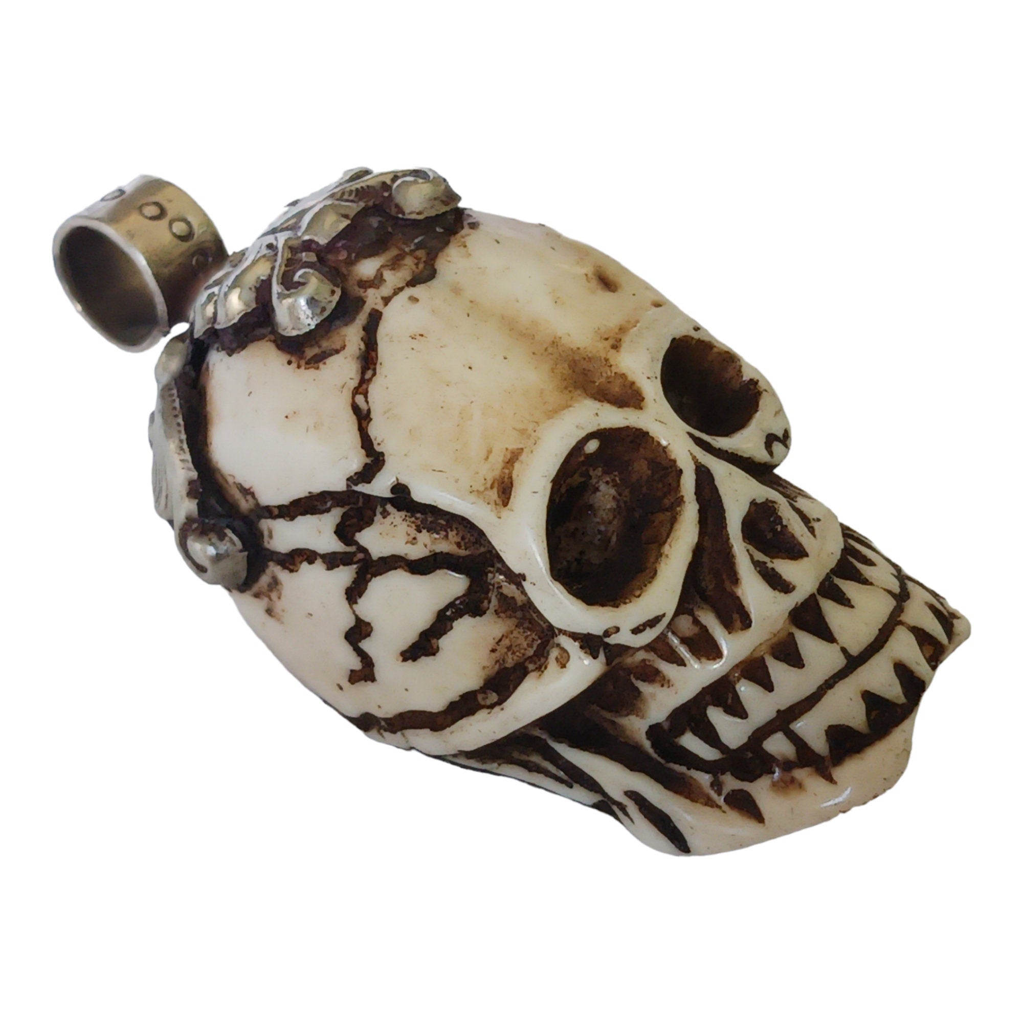 OOAK 1 Pendant - Gorgeous tribal skull skeleton head face recycled cattle bone pendant with floral carving on bail - PB006R
