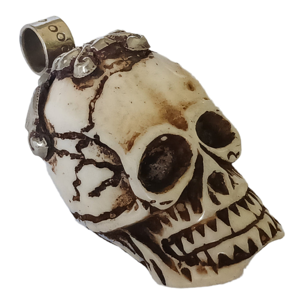 OOAK 1 Pendant - Gorgeous tribal skull skeleton head face recycled cattle bone pendant with floral carving on bail - PB006R