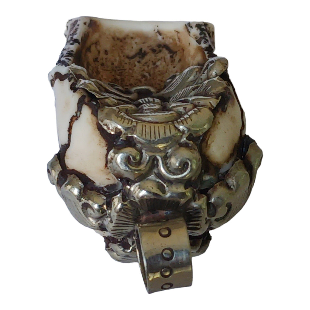 OOAK 1 Pendant - Gorgeous tribal skull skeleton head face recycled cattle bone pendant with floral carving on bail - PB006R
