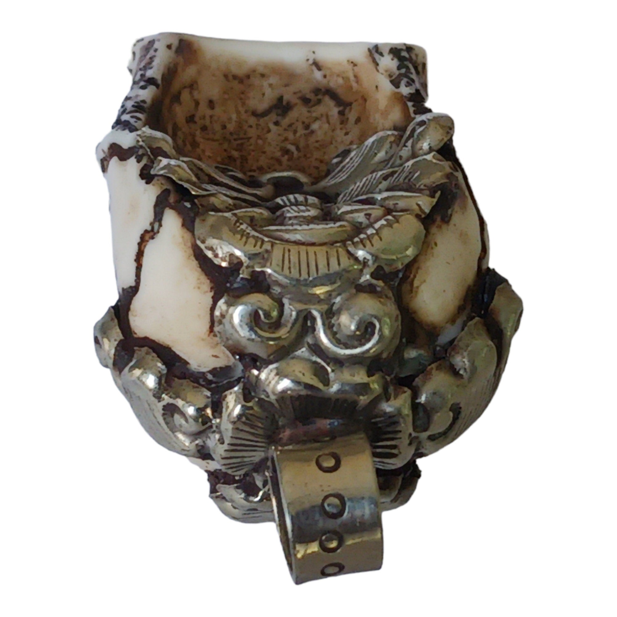 OOAK 1 Pendant - Gorgeous tribal skull skeleton head face recycled cattle bone pendant with floral carving on bail - PB006R
