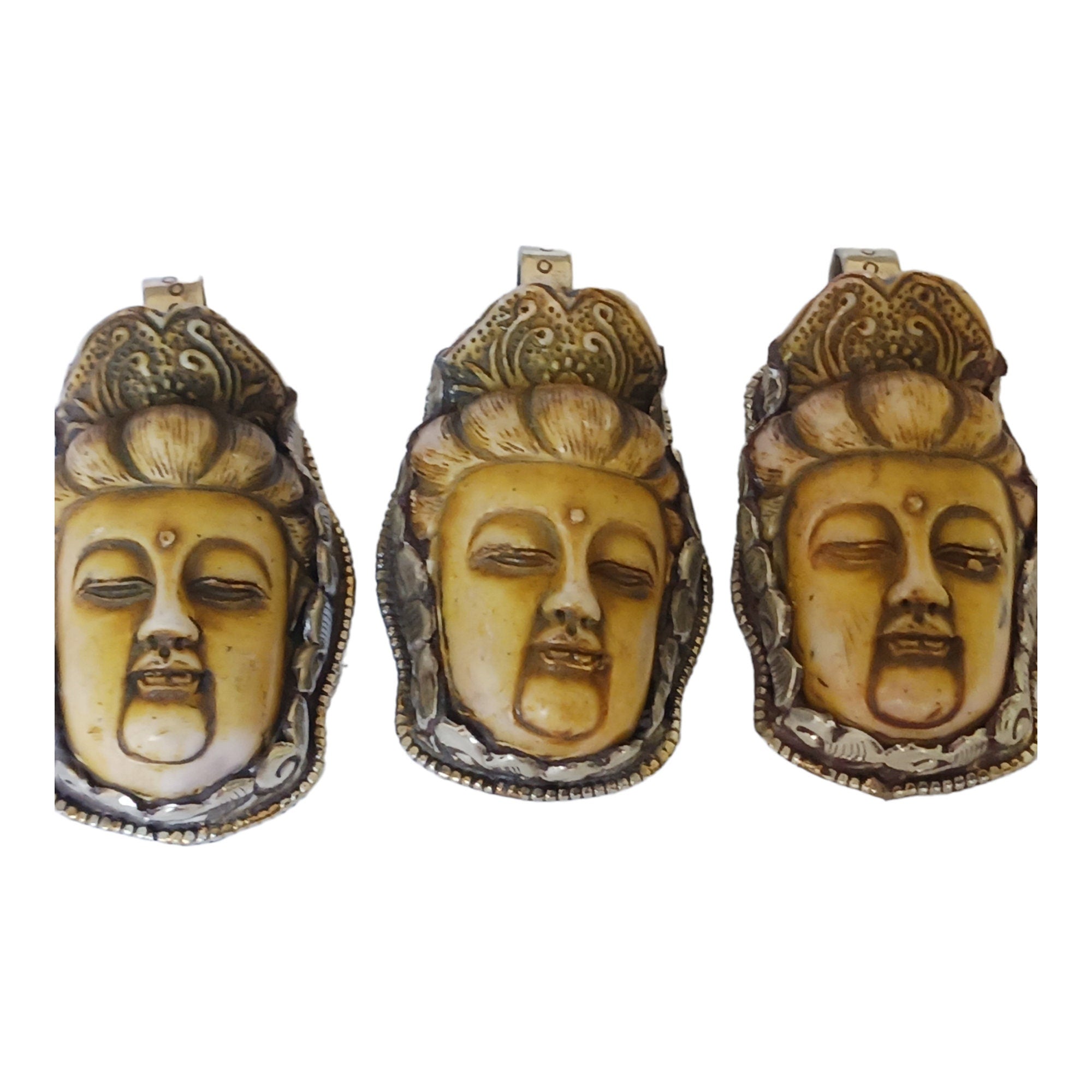 1 Pendant - Large recycled cattle bone Buddha pendant with floral carving on reverse side from Nepal -PB006T