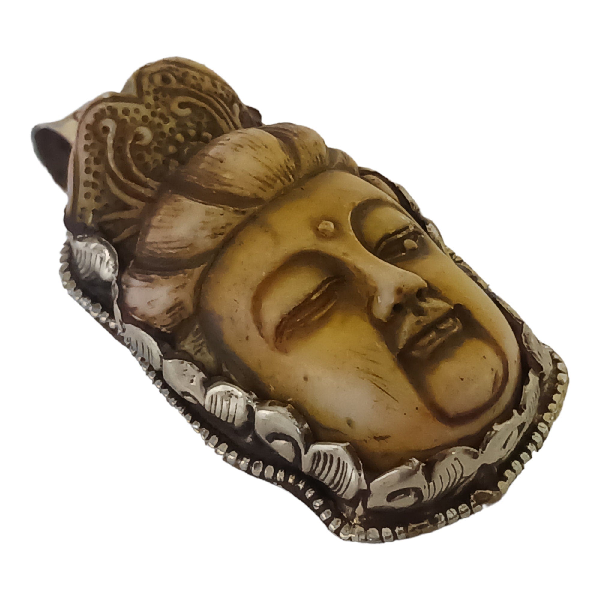 1 Pendant - Large recycled cattle bone Buddha pendant with floral carving on reverse side from Nepal -PB006T