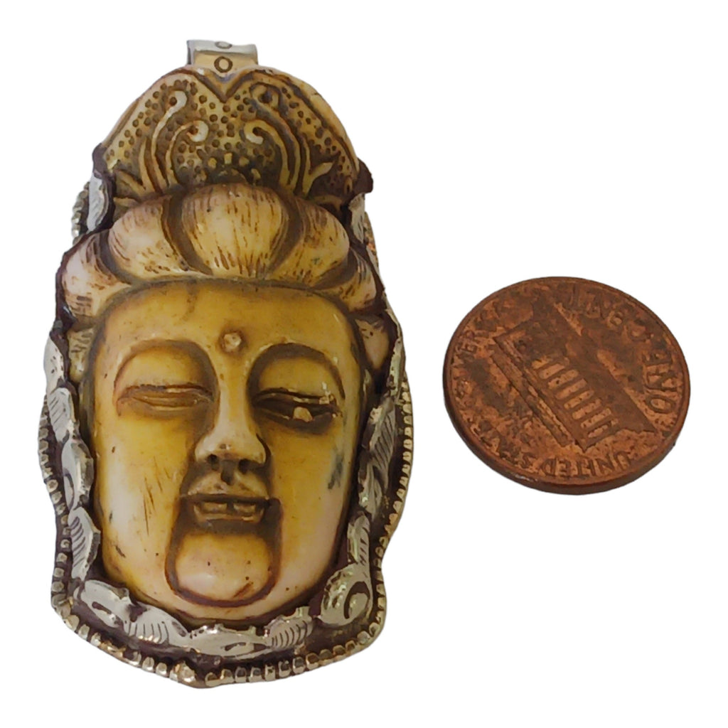 1 Pendant - Large recycled cattle bone Buddha pendant with floral carving on reverse side from Nepal -PB006T