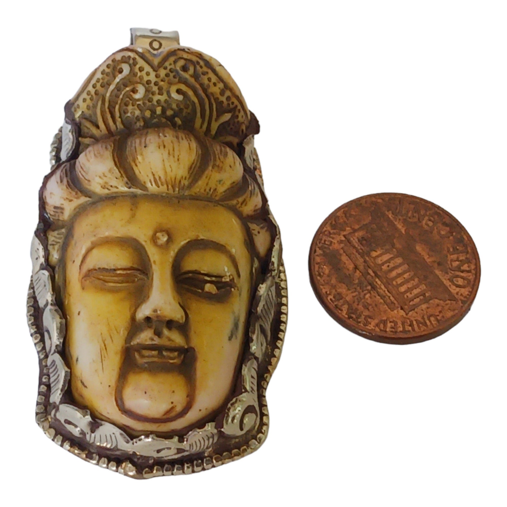 1 Pendant - Large recycled cattle bone Buddha pendant with floral carving on reverse side from Nepal -PB006T