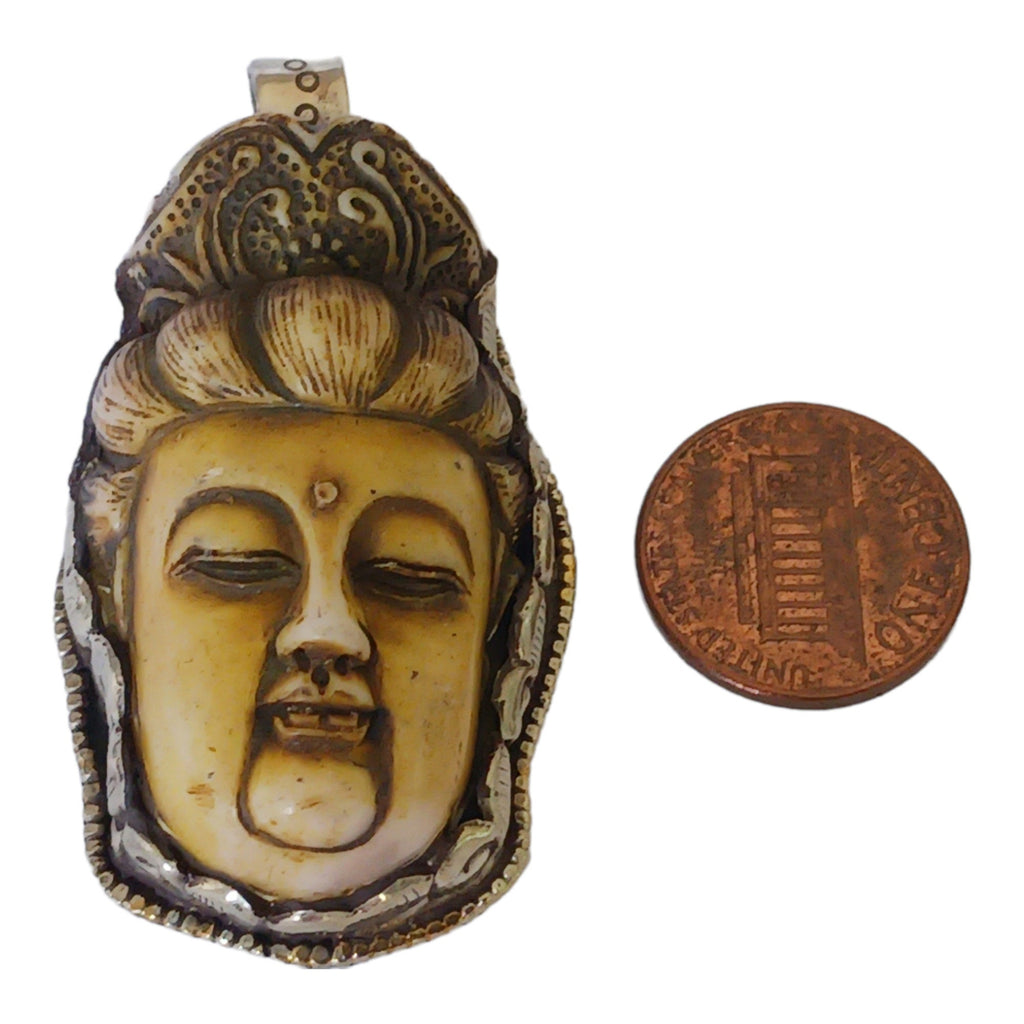 1 Pendant - Large recycled cattle bone Buddha pendant with floral carving on reverse side from Nepal -PB006T
