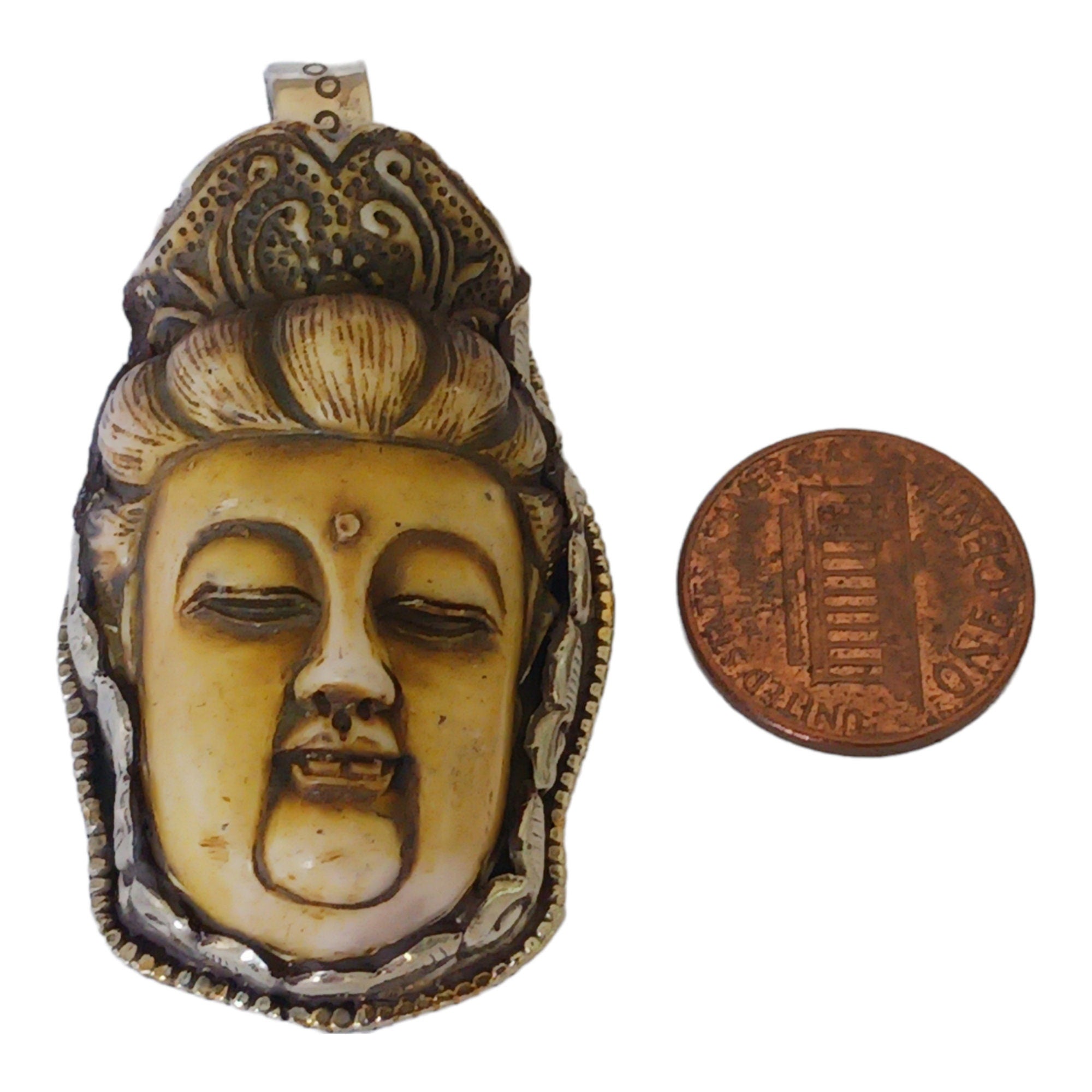 1 Pendant - Large recycled cattle bone Buddha pendant with floral carving on reverse side from Nepal -PB006T