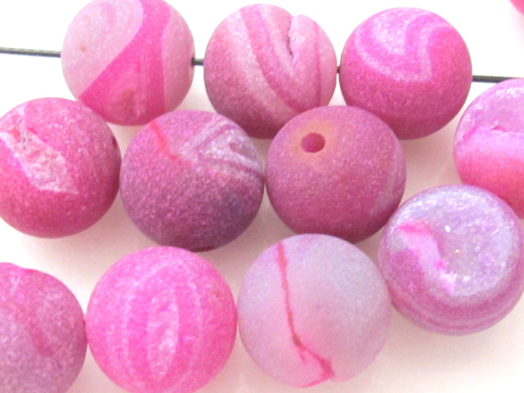 4 beads-Large Fuschia Pink druzy agate geode round beads - GM070 - 14 mm