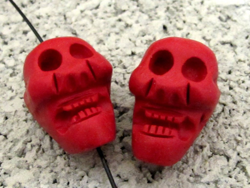 Large handcrafted red color resin clay stone skull pendant bead - skull beads skeleton beads halloween BD294