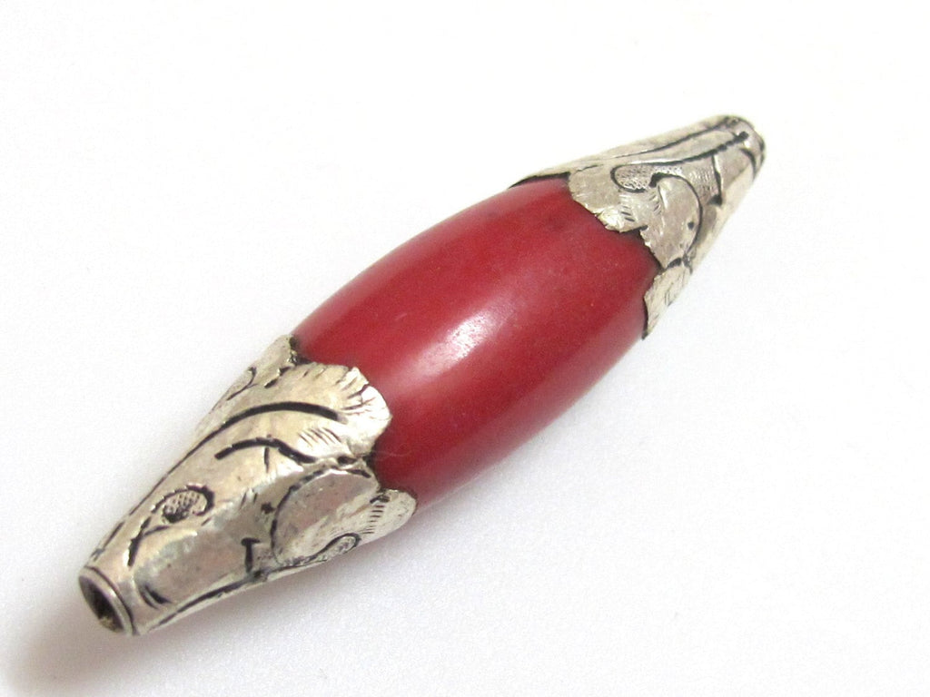 1 Bead - Long Tibetan silver finish capped coral bead ethnic Nepal beads - BD295