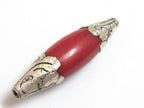 1 Bead - Long Tibetan silver finish capped coral bead ethnic Nepal beads - BD295