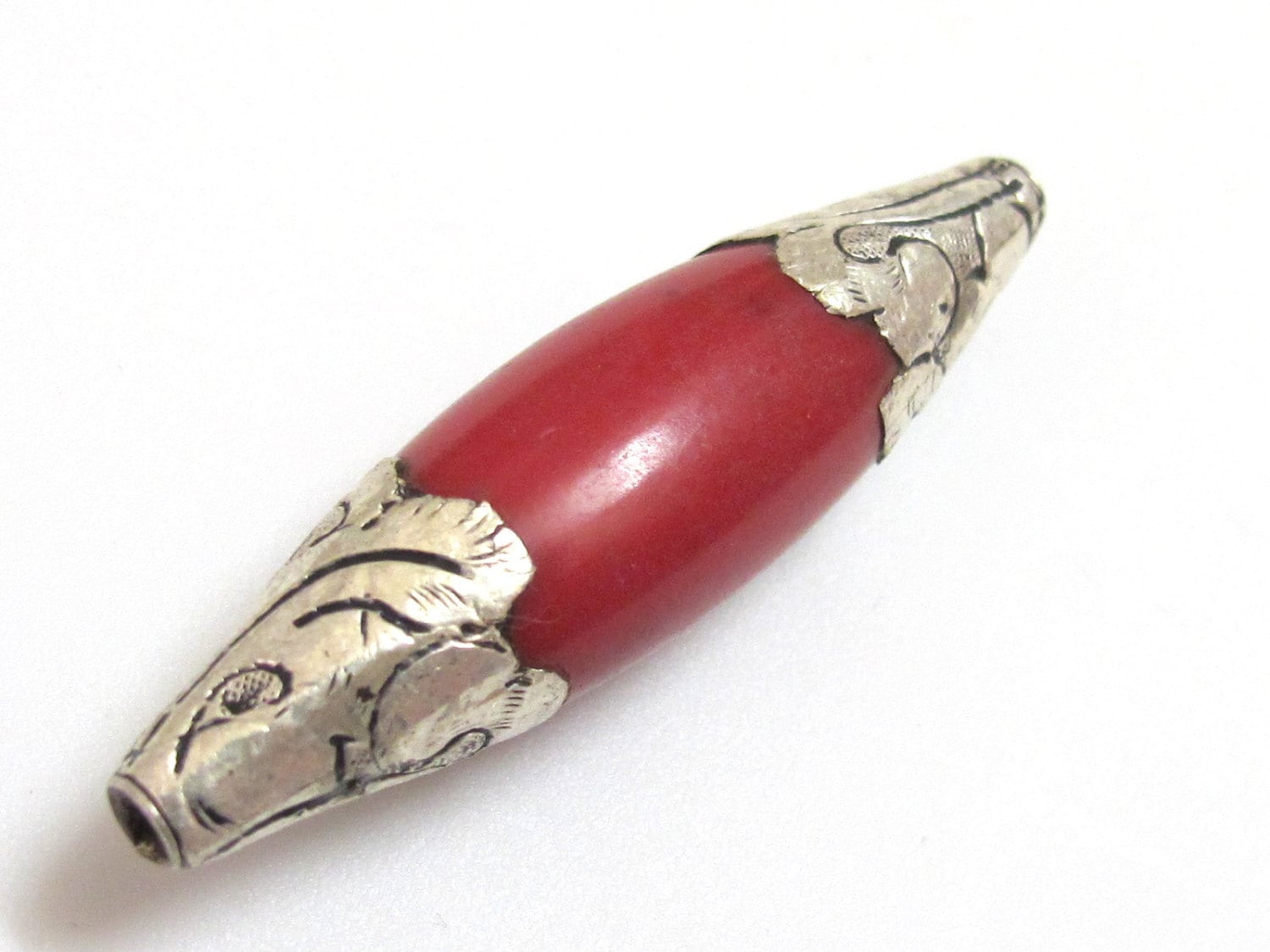 1 Bead - Long Tibetan silver finish capped coral bead ethnic Nepal beads - BD295