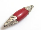 1 Bead - Long Tibetan coral pendant bead capped with silver - BD295