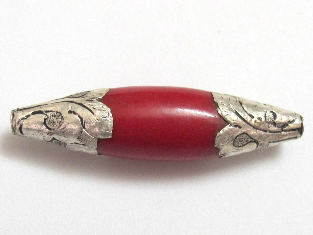 1 Bead - Long Tibetan coral pendant bead capped with silver - BD295