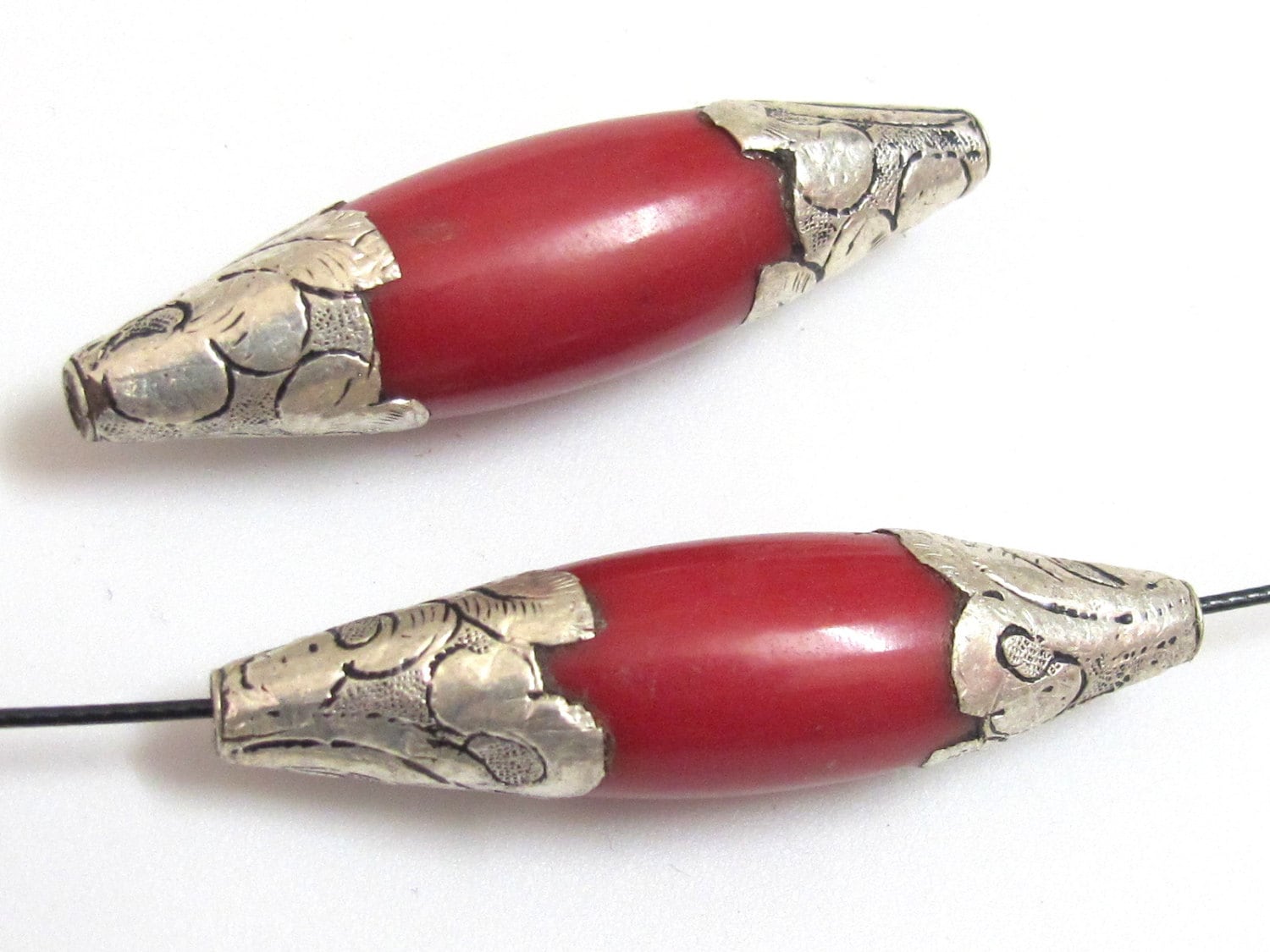 1 Bead - Long Tibetan silver finish capped coral bead ethnic Nepal beads - BD295