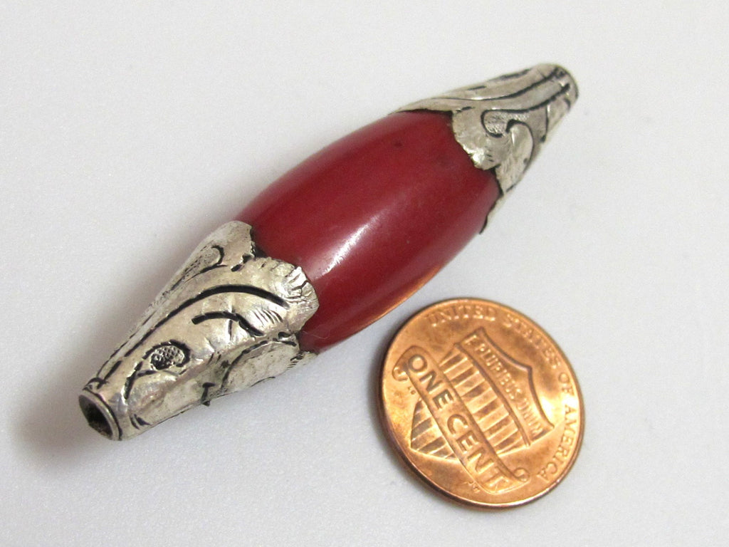 1 Bead - Long Tibetan silver finish capped coral bead ethnic Nepal beads - BD295