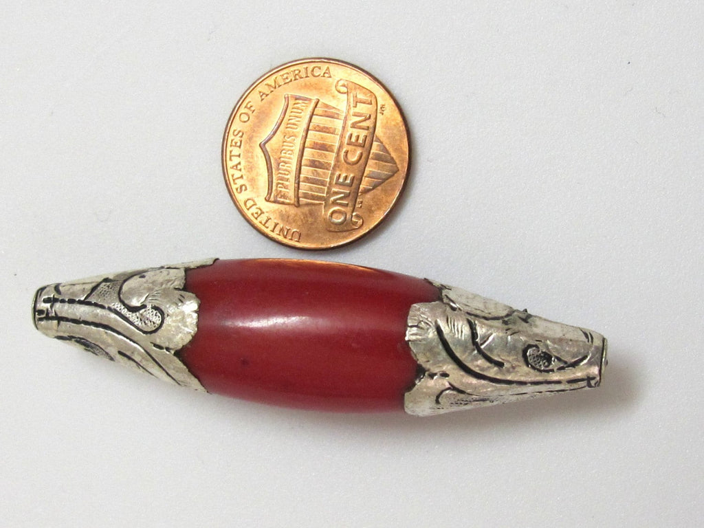 1 Bead - Long Tibetan silver finish capped coral bead ethnic Nepal beads - BD295