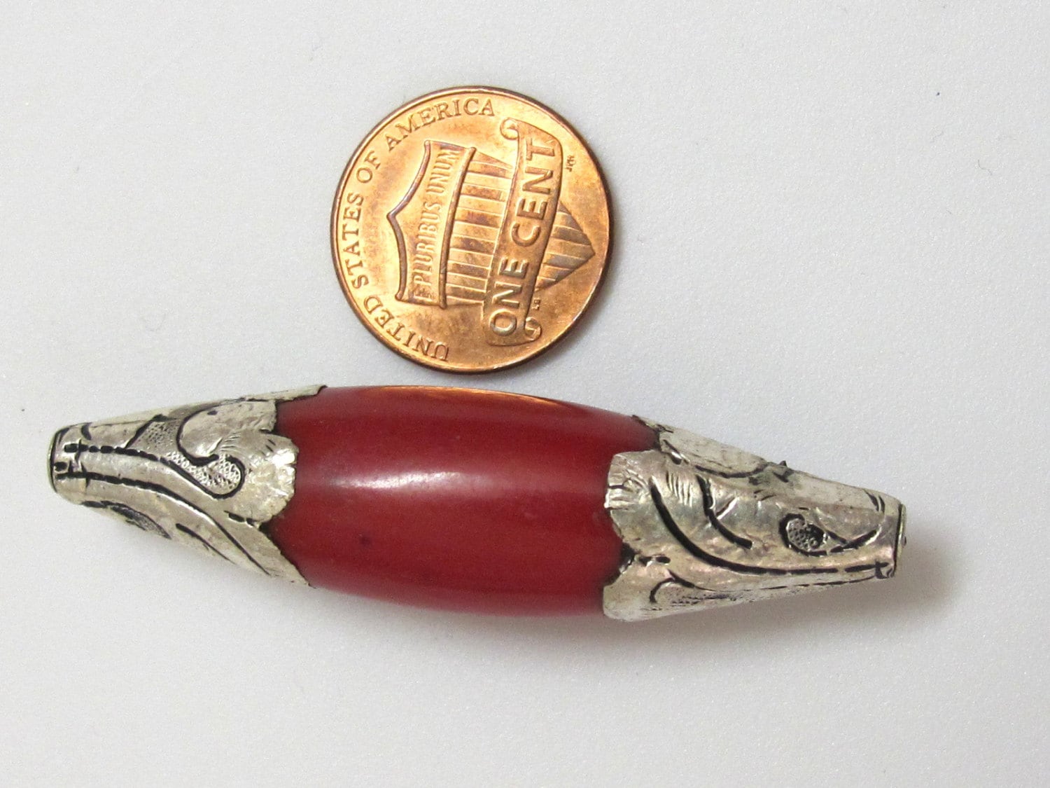 1 Bead - Long Tibetan silver finish capped coral bead ethnic Nepal beads - BD295