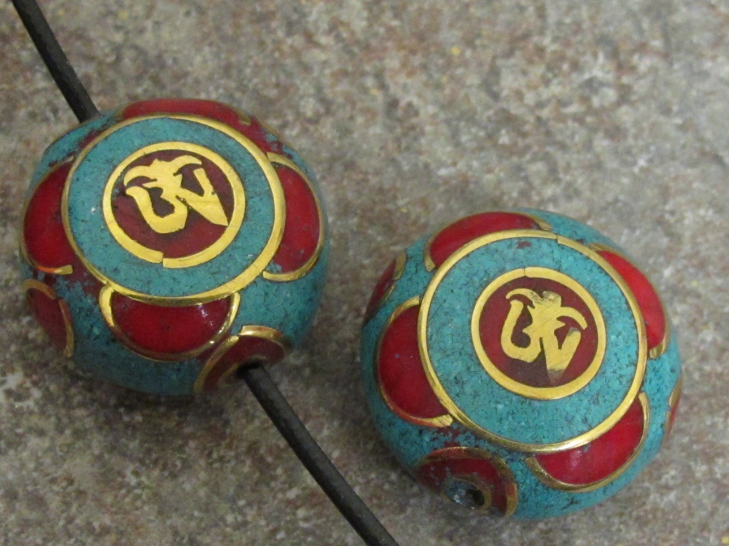 2 Beads-Oval coin shape Tibetan turquoise coral Om inscribed bead - BD109