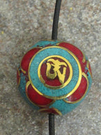 2 Beads-Oval coin shape Tibetan turquoise coral Om inscribed bead - BD109