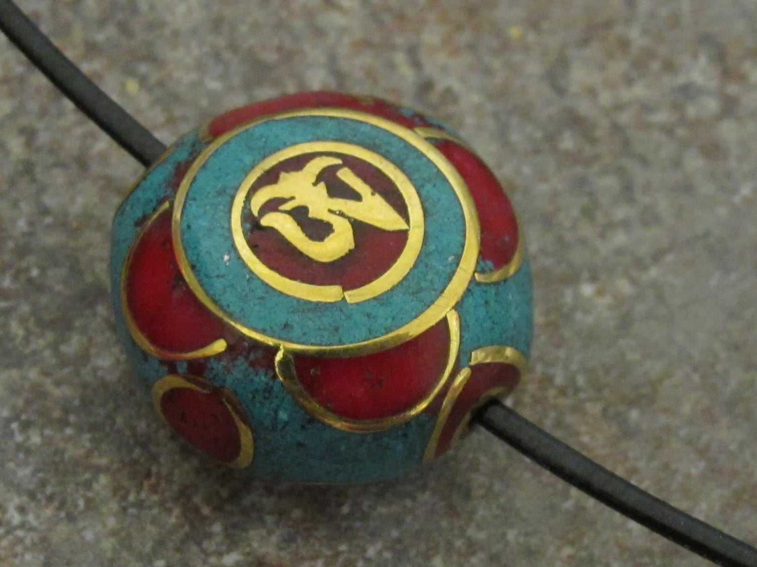 2 Beads-Oval coin shape Tibetan turquoise coral Om inscribed bead - BD109