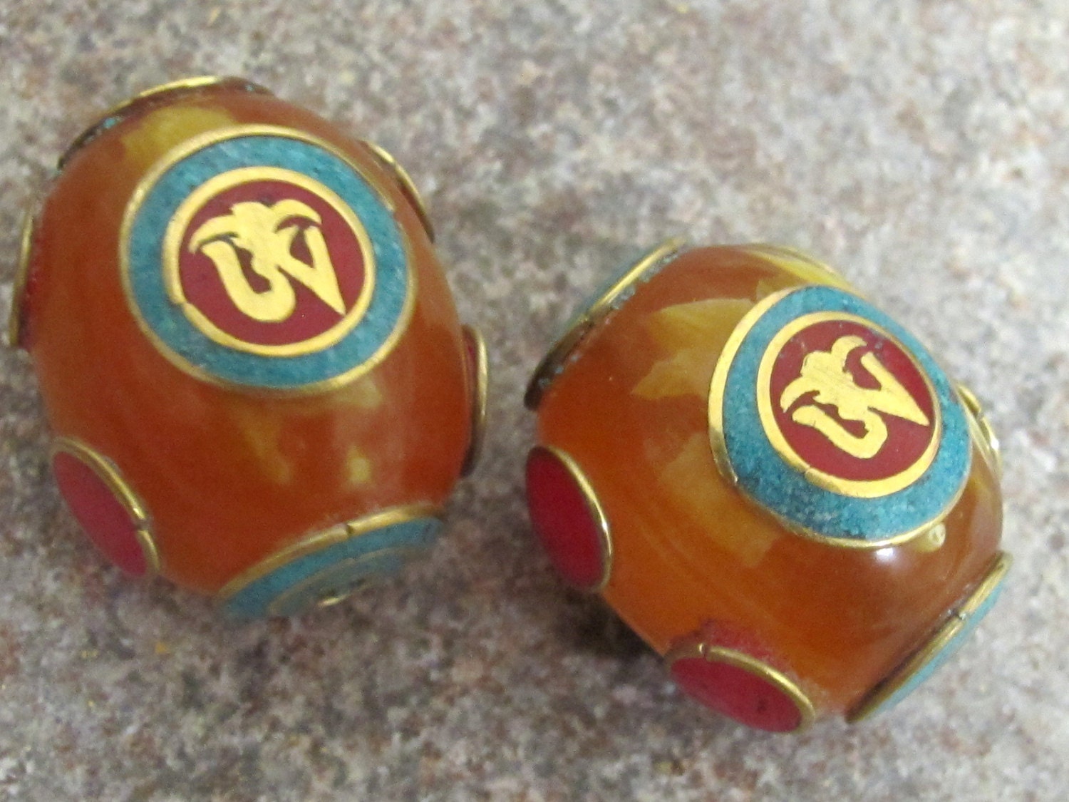 Tibetan copal Resin Om bead with brass , turquoise and inlay - 2 beads - BD114