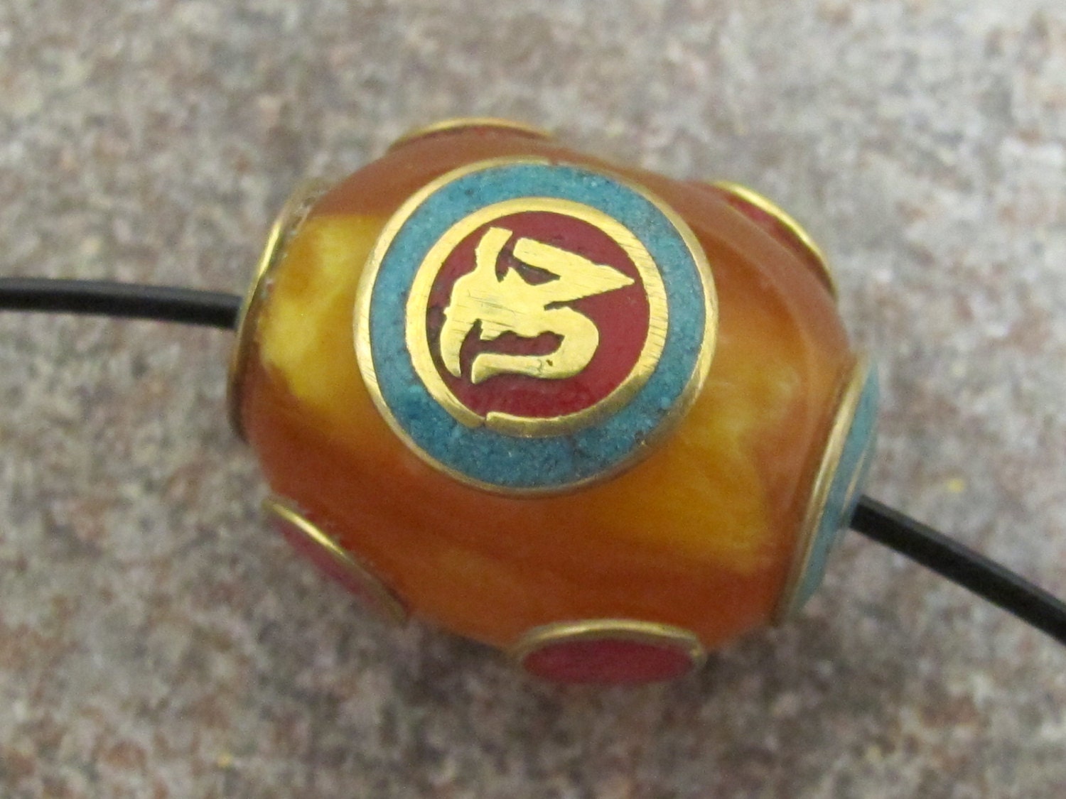 Tibetan copal Resin Om bead with brass , turquoise and inlay - 2 beads - BD114
