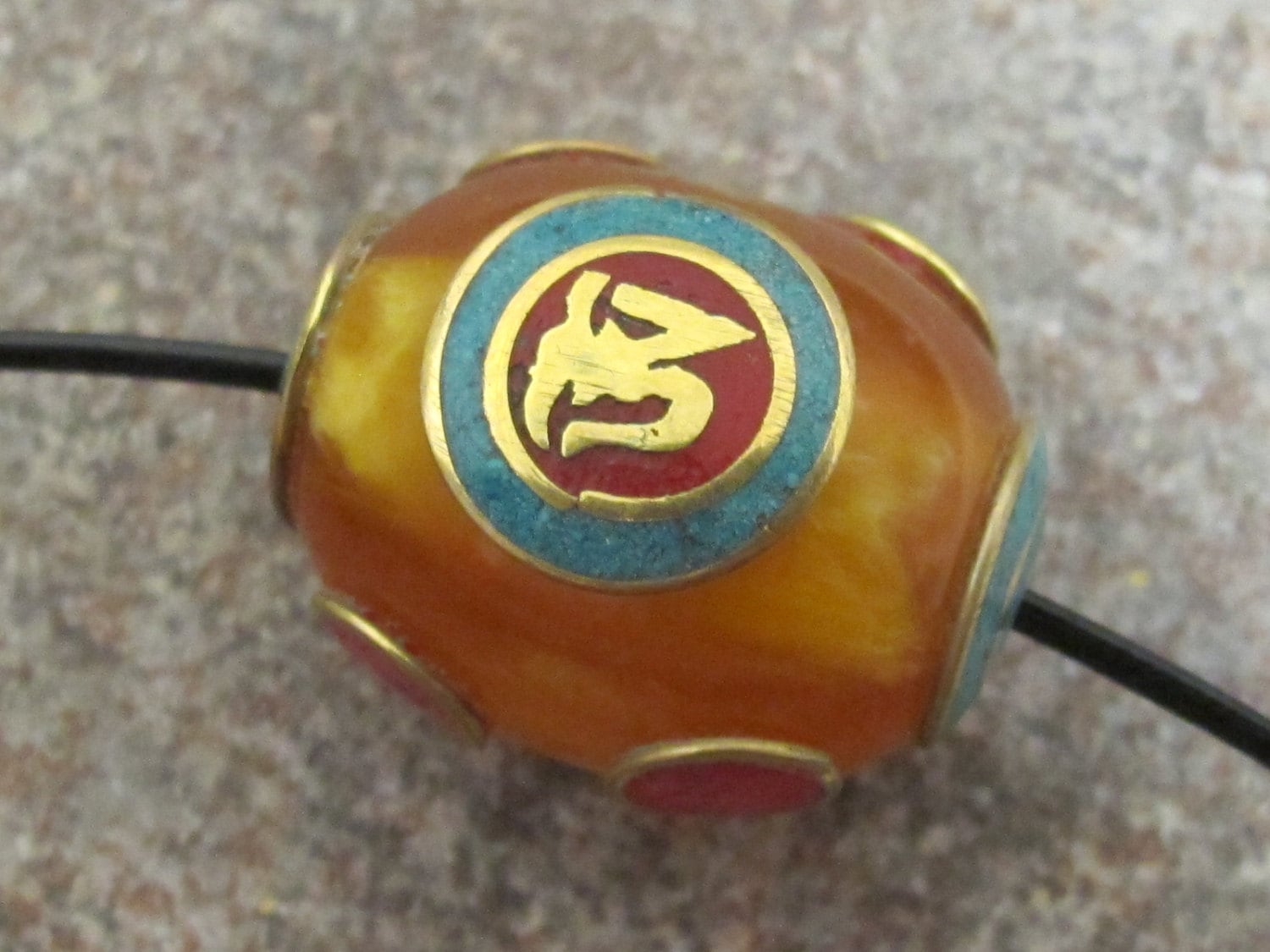 Tibetan copal Resin Om bead with brass , turquoise and inlay - 2 beads - BD114