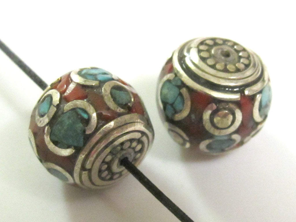 2 Beads -Beautiful LARGE and thick Tibetan brass beads thick rondelle shape with Oval turquoise circles - BD281