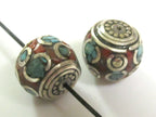 2 Beads -Beautiful LARGE and thick Tibetan brass beads thick rondelle shape with Oval turquoise circles - BD281