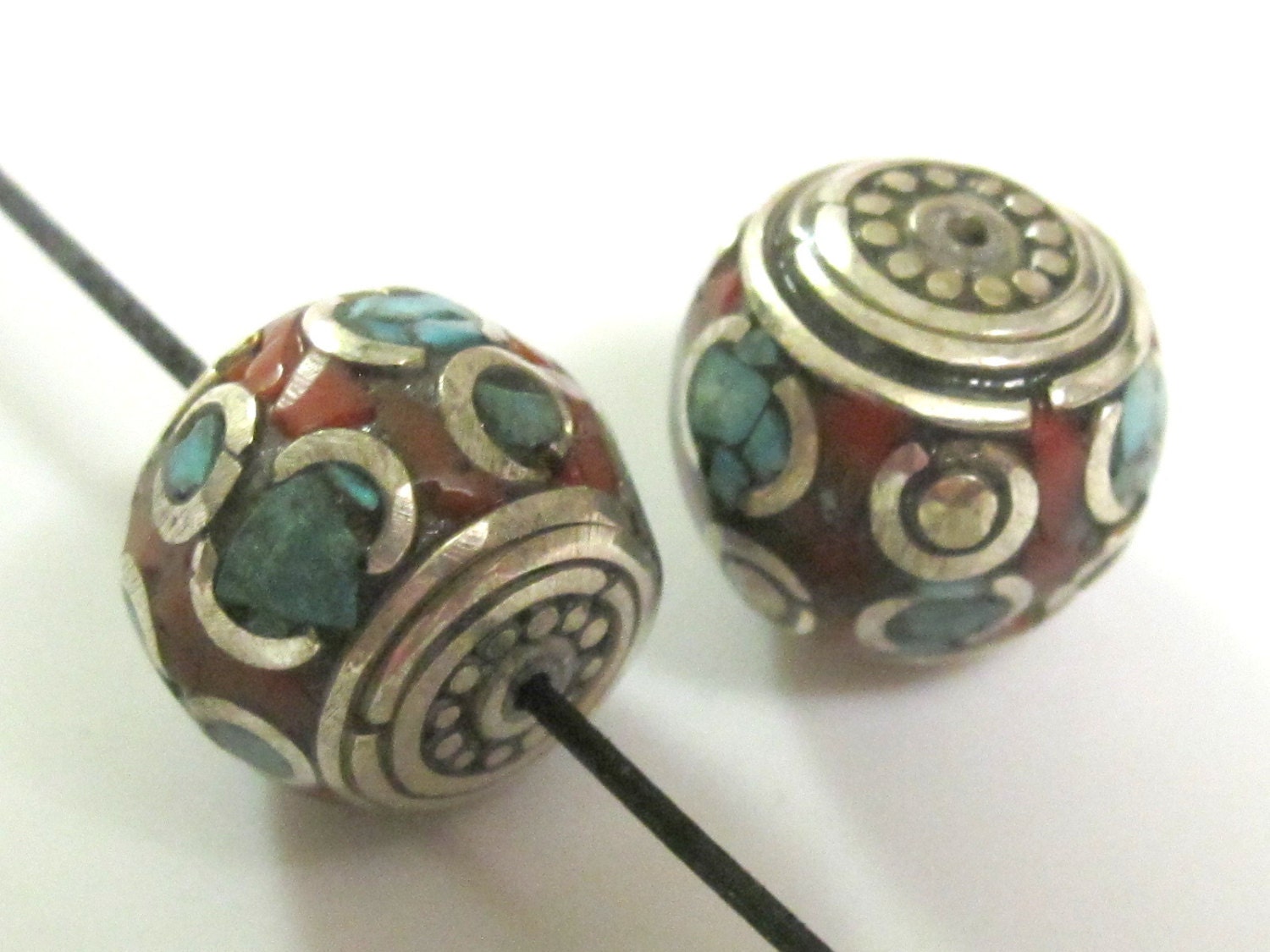 2 Beads -Beautiful LARGE and thick Tibetan brass beads thick rondelle shape with Oval turquoise circles - BD281