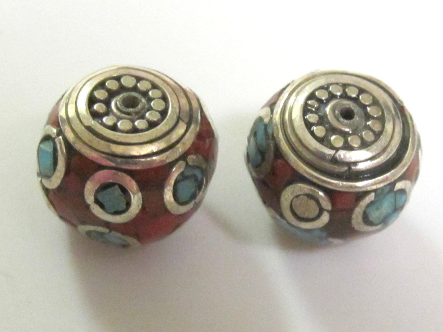 2 Beads -Beautiful LARGE and thick Tibetan brass beads thick rondelle shape with Oval turquoise circles - BD281