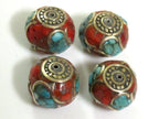 2 Beads-LARGE Tibetan oval shaped brass beads with turquoise inlay - BD299