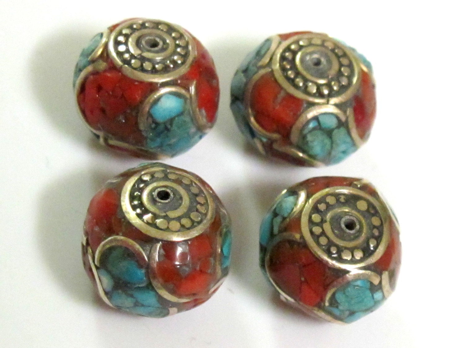 2 Beads-LARGE Tibetan oval shaped brass beads with turquoise inlay - BD299