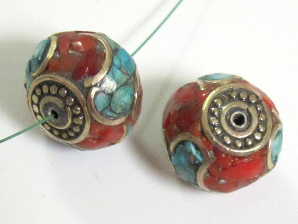 2 Beads-LARGE Tibetan oval shaped brass beads with turquoise inlay - BD299